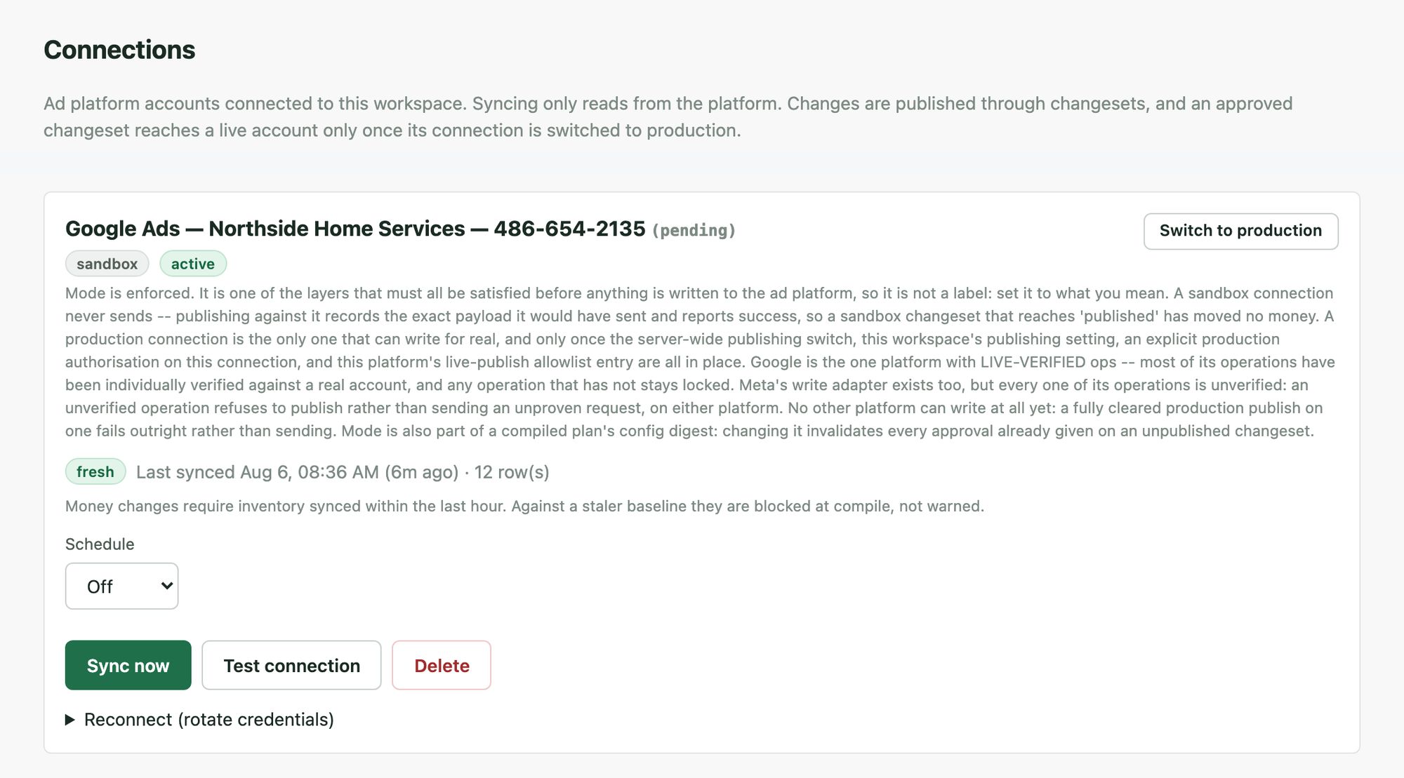 An Outfitter connection in sandbox mode: sandbox and active badges, a switch-to-production control, an explanation that a sandbox connection records the payload and sends nothing, and a fresh inventory pill showing a sync six minutes old.